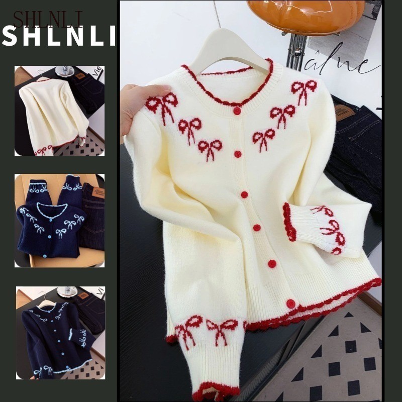 Suéter Feminino Estilo Preguiçoso Com Botão Frontal Aberto , Cor Sólida , Contraste , Estampa De Laço , Cardigã De Malha