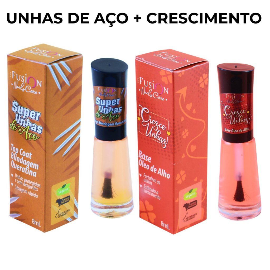 Kit Base Unhas de Aço + Cresce Unhas Óleo de Alho Vegano Fortalece Manicure The Fusion 8ml