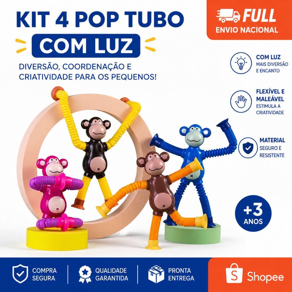Kit 4 pop tube Macaquinho com Luz Led Estica e gruda Brinquedo Divertido tube infantil diversão