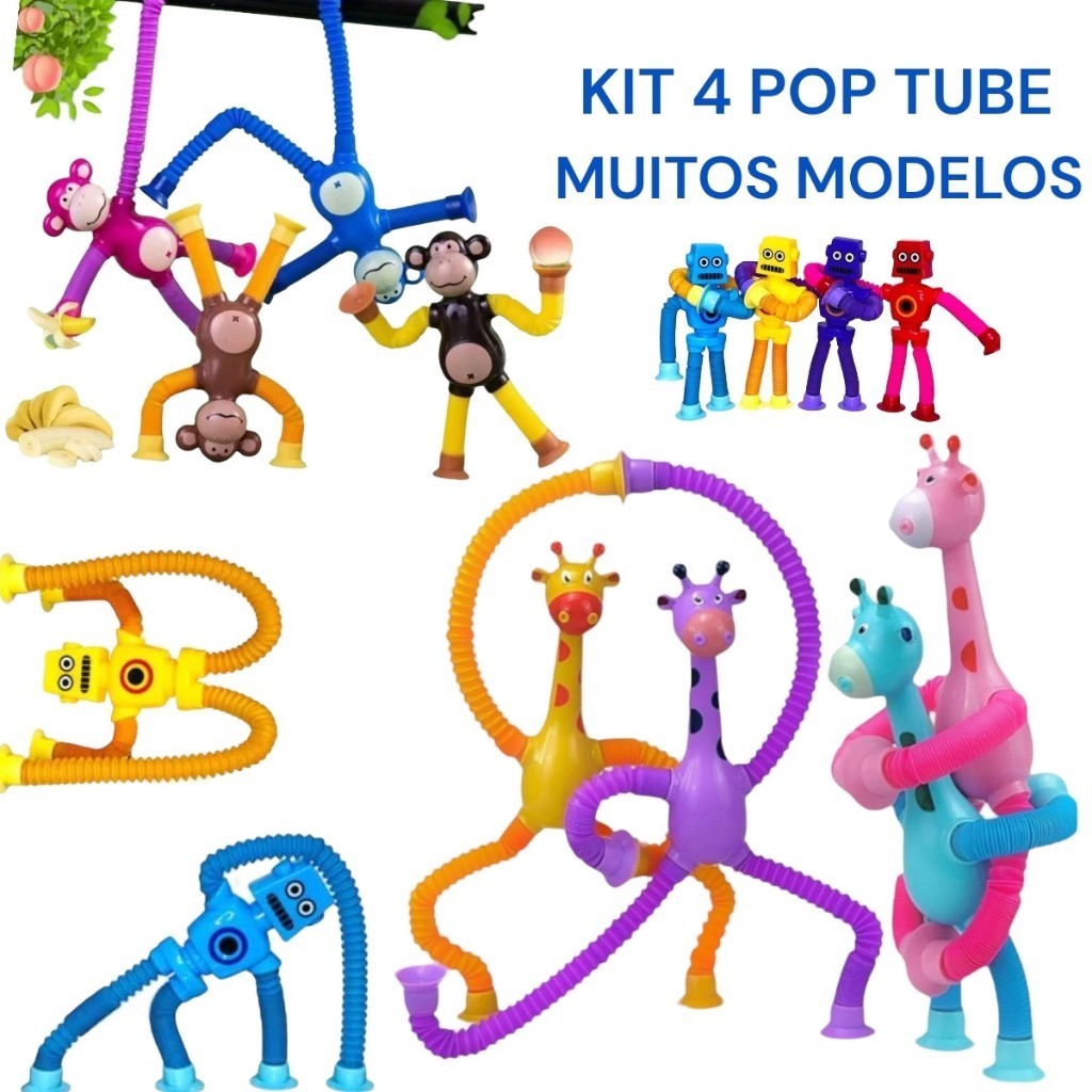 Kit 1/2/4 Pop Tube tubo Esticado com Led Girafa Cachorro Robô Brinquedo com Ventosa Infantil Sensorial