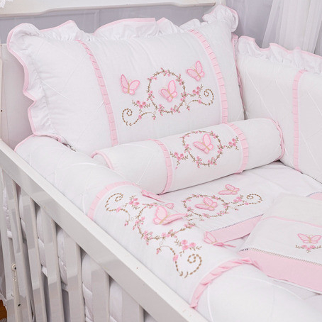 Kit Berço Luxo Premium Americano Borboletas Bordado 100% Algodão Bebe  Menina 8 Peças Exclusivo 3D