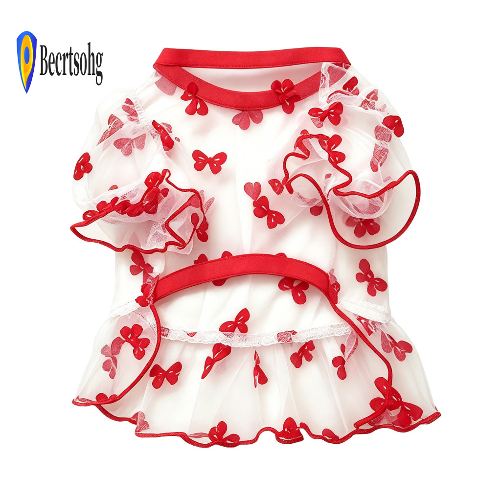 Pet Dress Cute Dog Clothes Sheer Mesh with Bowknot Breathable Puff Sleeve Summer Outfit for Small Dogs – and Comfortab