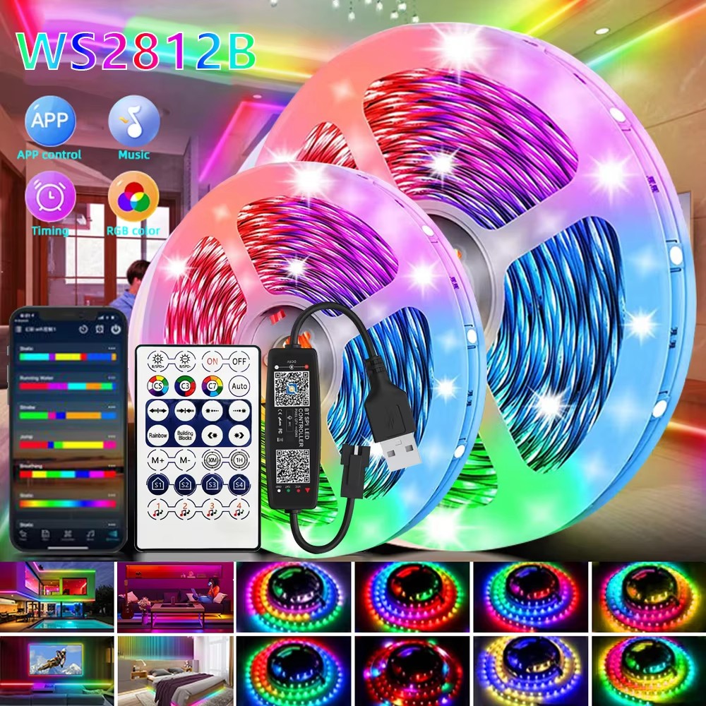 Fita de Luz USB portátil 5V Magic Color WS2812B RGB compatível com Bluetooth, iluminação ambiente de mesa para quarto,