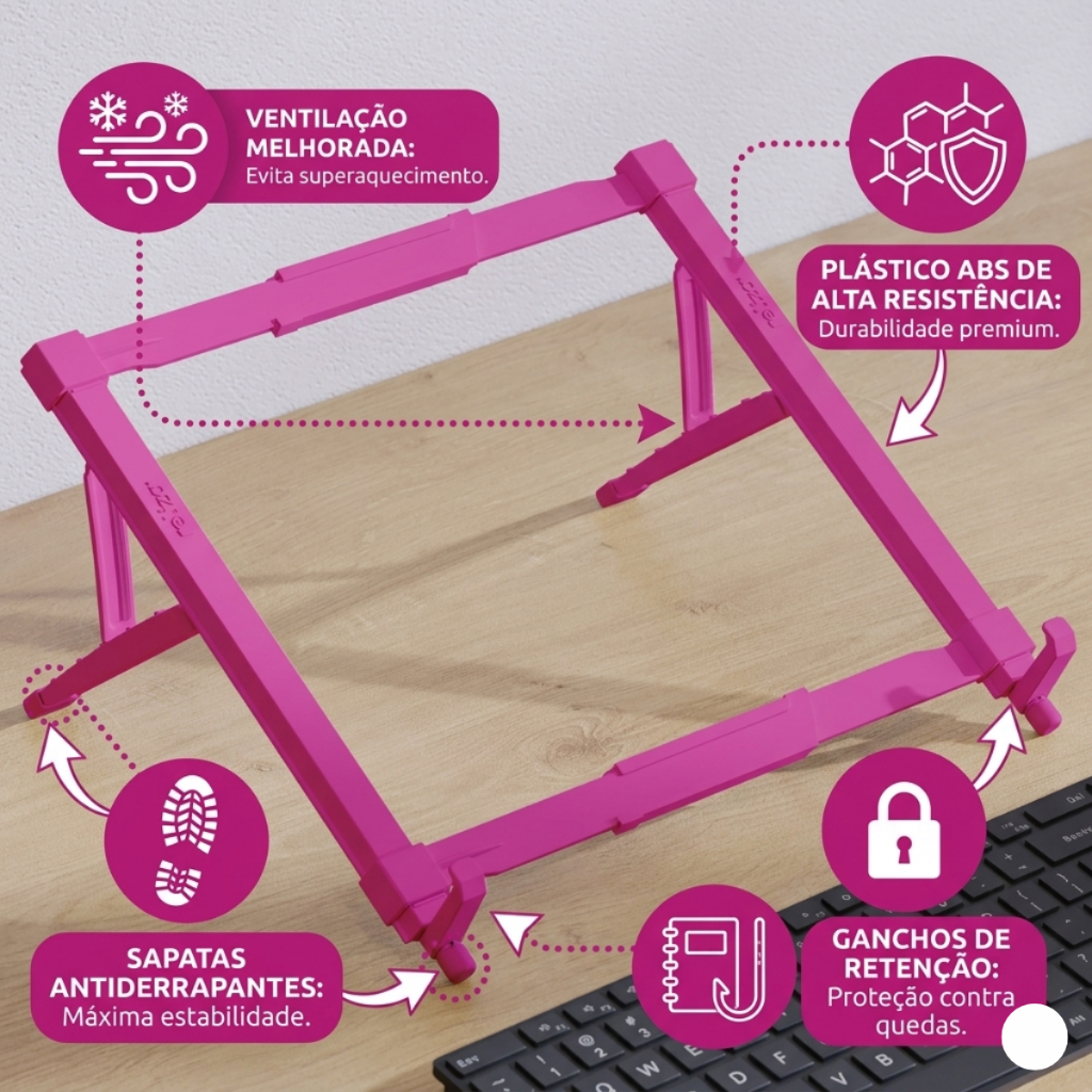 Suporte Base Apoio para Notebook de até 17 Polegadas Abs Rosa Pink Home Office