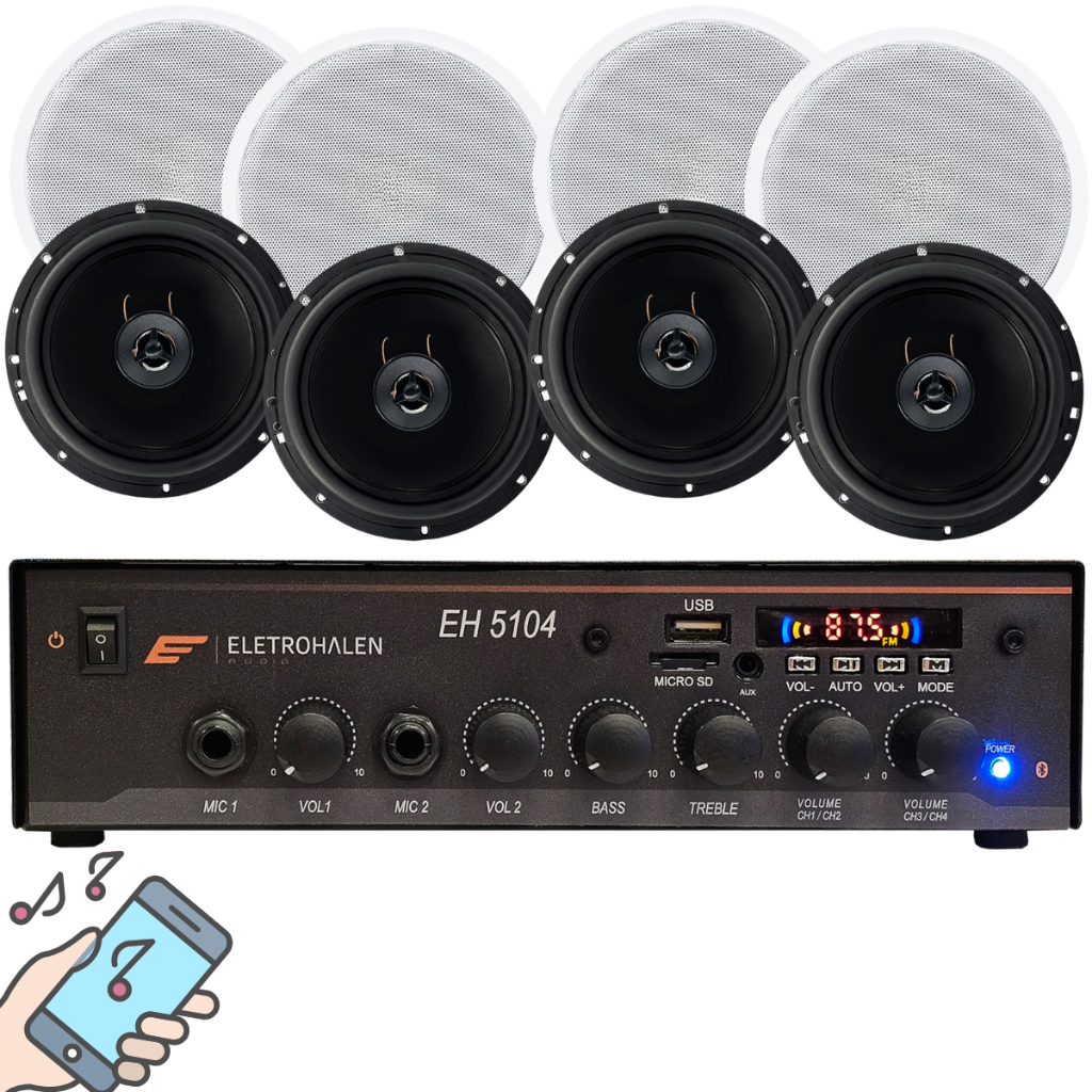 Kit Som Ambiente Bluetooth 2 Zonas + 8 Caixas De Som Coaxial Amplificador