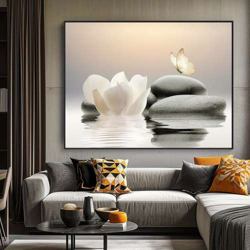 quadro placa decorativo  Lago pedra borboleta Flor Branca para sala quarto cozinha hall  tamanho grande/sem moldura
