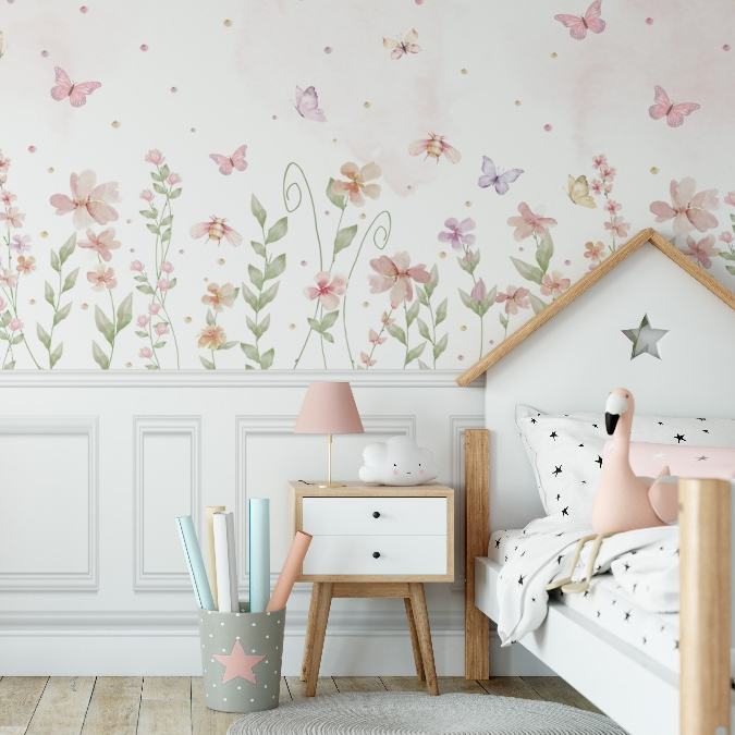 Papel de Parede Infantil Jardim Encantado Flores Borboletas Lavável Decoração Quarto Bebê Menina Tamanho Grande