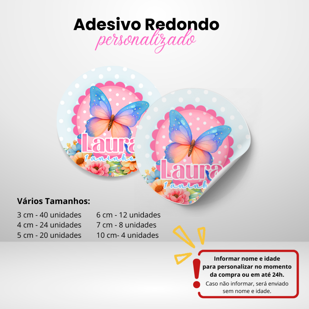 Adesivo Redondo Tema Jardim das Borboletas e Vários Tamanhos para Personalizar Pronto para Usar