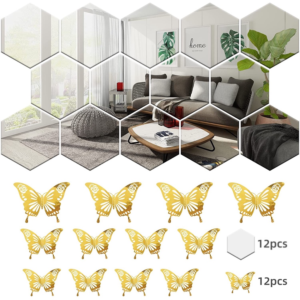 [Home] 12 Unidades De Adesivos De Parede De Espelho Hexagonal Acrílico Removível De Tamanho Grande/Adesivo Borboleta De