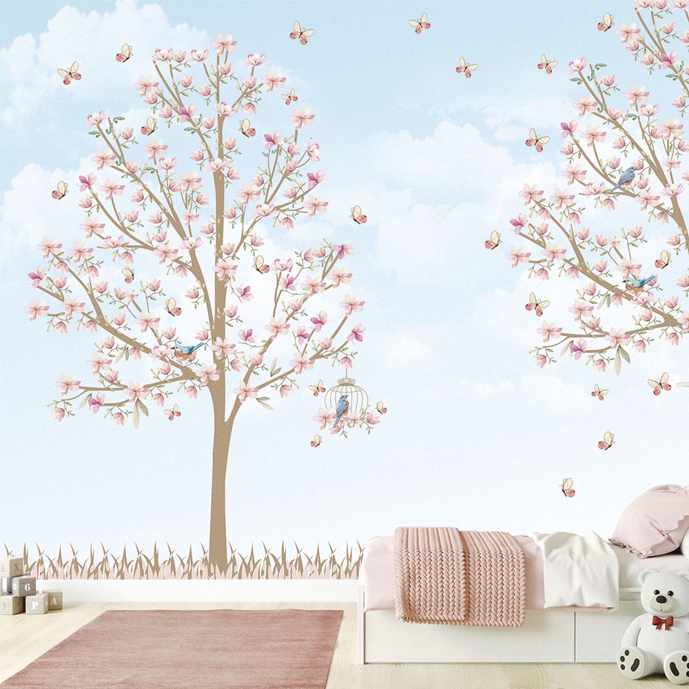 Adesivo Foto Mural Árvores Pássaros Flores Borboletas Tamanho 100x100cm