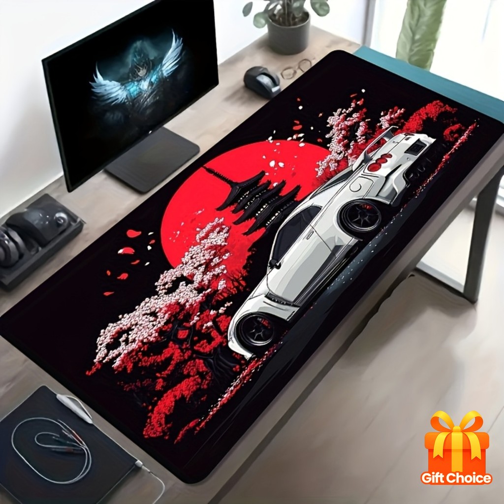 Mouse Pad Gamer Padrão de Lua Vermelha, Flor de Cerejeira, Carro Esportivo