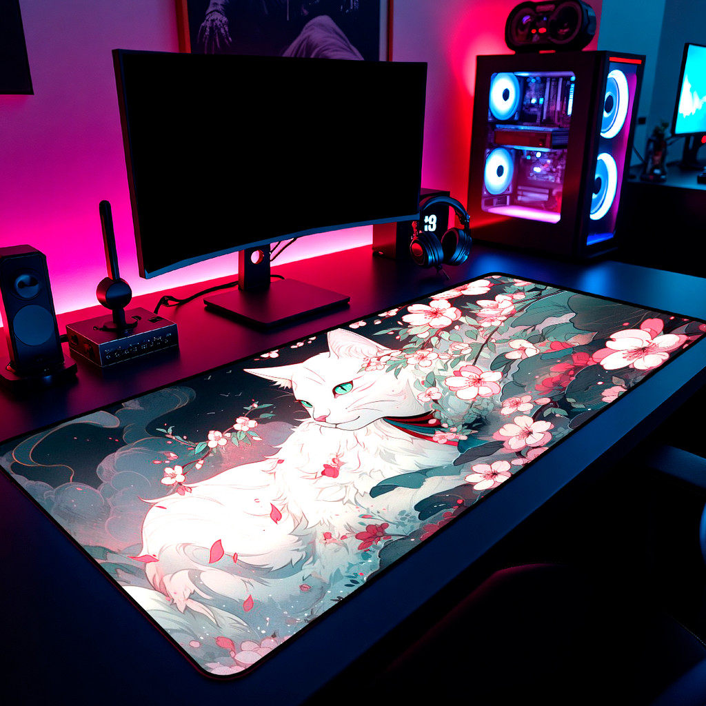 Mouse Pad Gamer Gato Branco Flores De Cerejeira 65x30cm 80x40cm 90x50cm 120x60cm Borda Costurada
