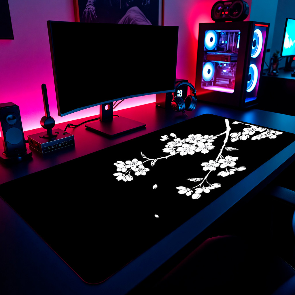 Mouse Pad Gamer Sakura Flor Cerejeira Dark 65x30cm 80x40cm 90x50cm 120x60cm Borda Costurada