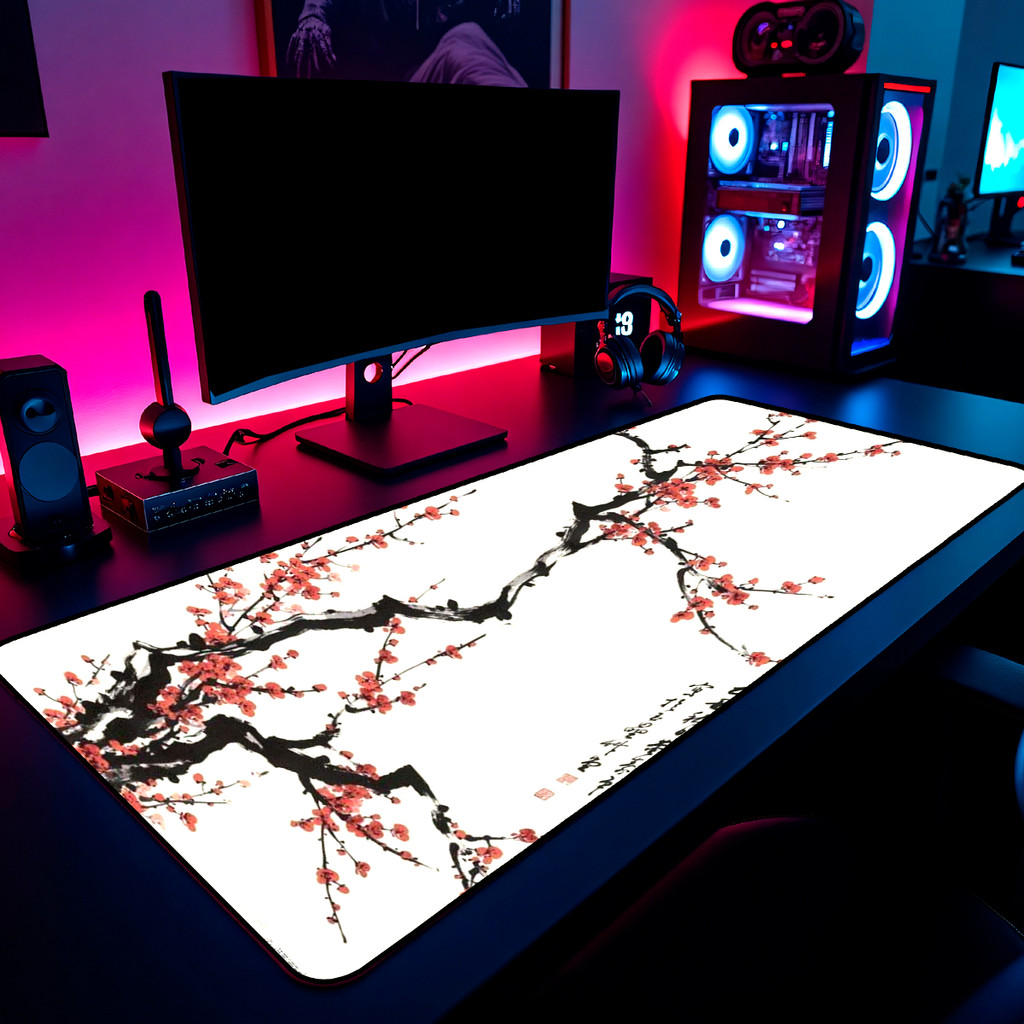 Mouse Pad Gamer Cerejeira Sakura Flor Japao 65x30cm-80x40cm-90x50cm-120x60cm-Borda-Costurada
