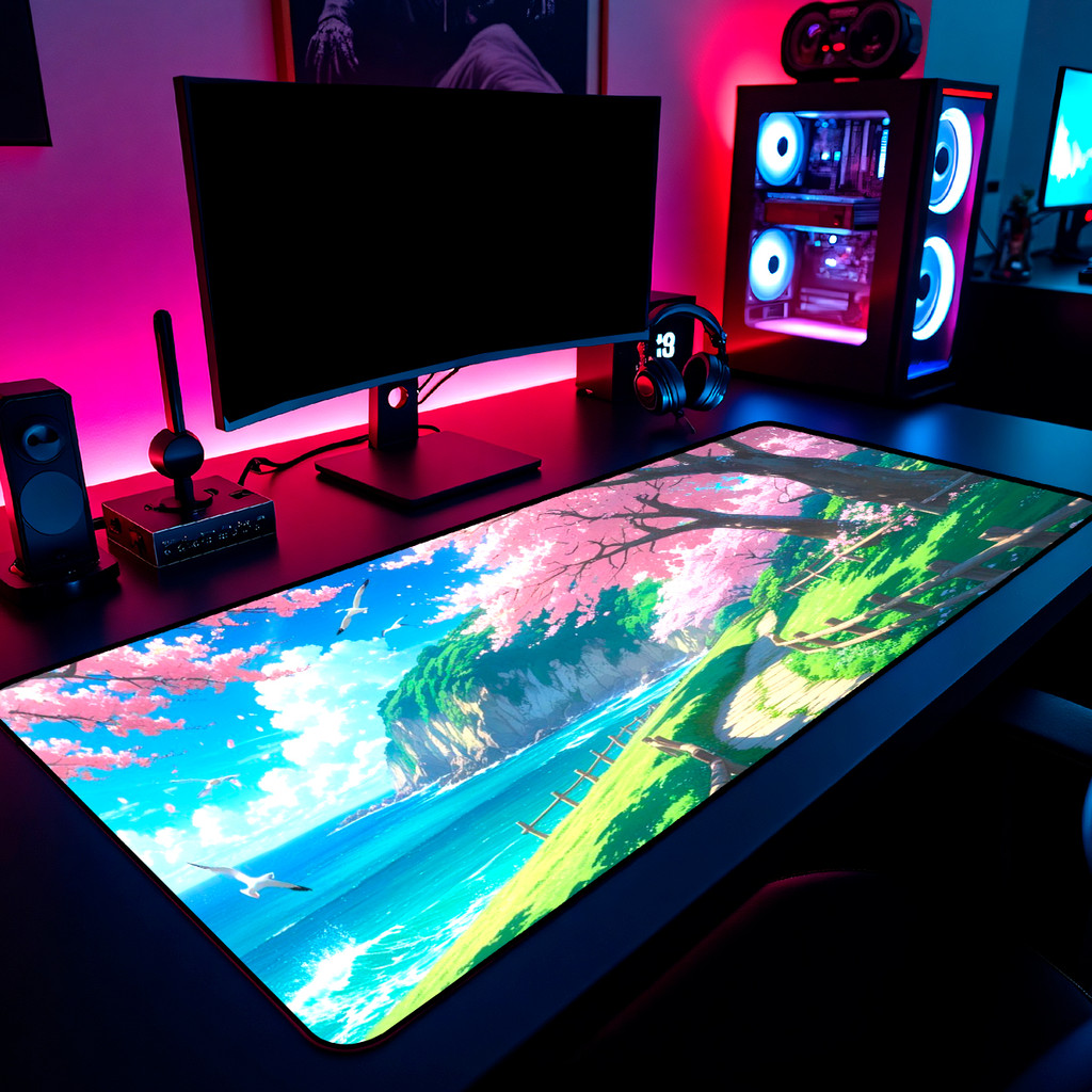 Mouse Pad Gamer Paisagem Anime Praia Flor De Cerejeira 65x30cm 80x40cm 90x50cm 120x60cm Borda Costurada