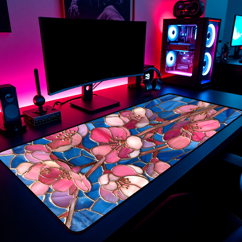 Mouse Pad Gamer Vitral Flores Cerejeira Sakura 65x30cm 80x40cm 90x50cm 120x60cm Borda Costurada