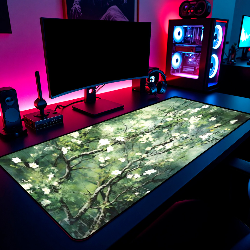 Mouse Pad Gamer Flores Cerejeira Art 65x30cm 80x40cm 90x50cm 120x60cm Borda Costurada