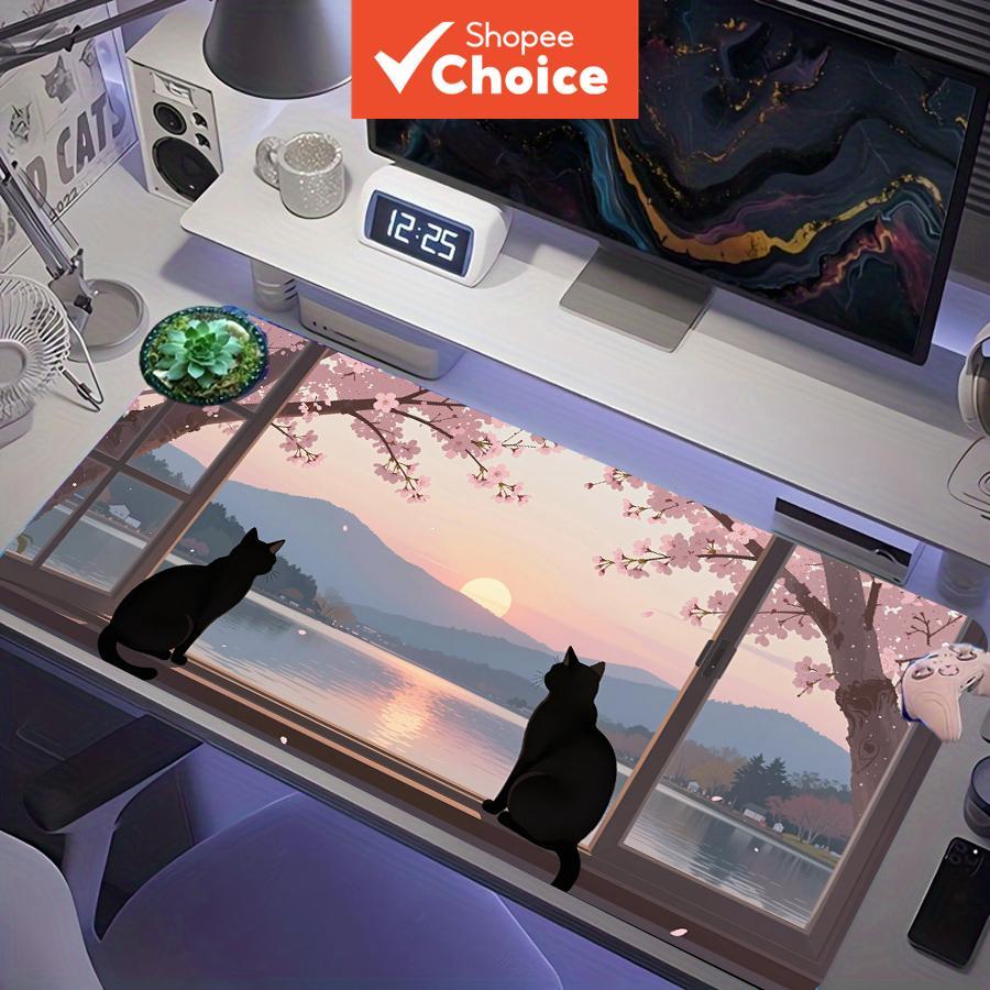 Tapete de Rato de Jogos Extra Grande XXL com Dois Gatos Pretos, Janela, Cerejeira em Flor, Pôr do Sol, Lago e Montanha,