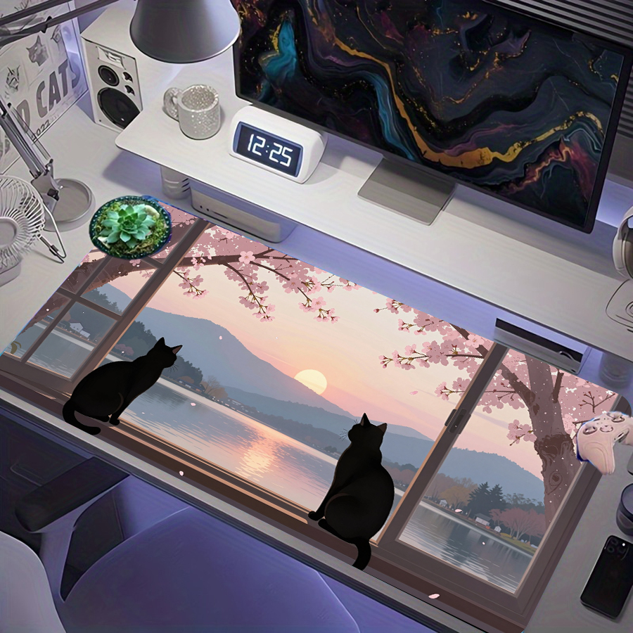 Tapete de Rato de Jogos Extra Grande com Dois Gatos Pretos, Janela, Cerejeiras em Flor, Pôr do Sol, Lago e Montanha,