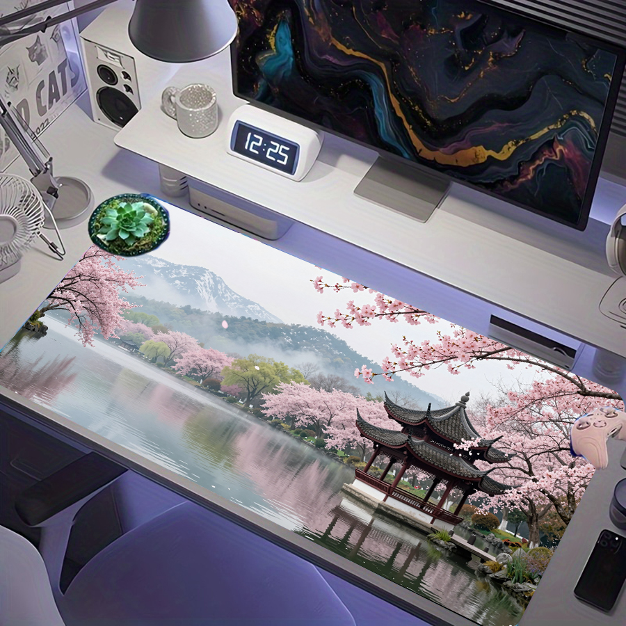 Tapete de Mouse Gaming Estendido para Pavilhão Clássico Chinês Rosa Flor de Cerejeira Lago Paisagem de Montanha com