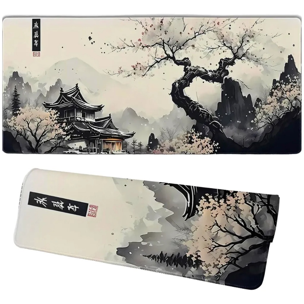 Mousepad Gamer Extra Grande, Estilo Oriental Flor De Cerejeira Superfície de Alta Precisão, Base Antiderrapante, 80x30cm