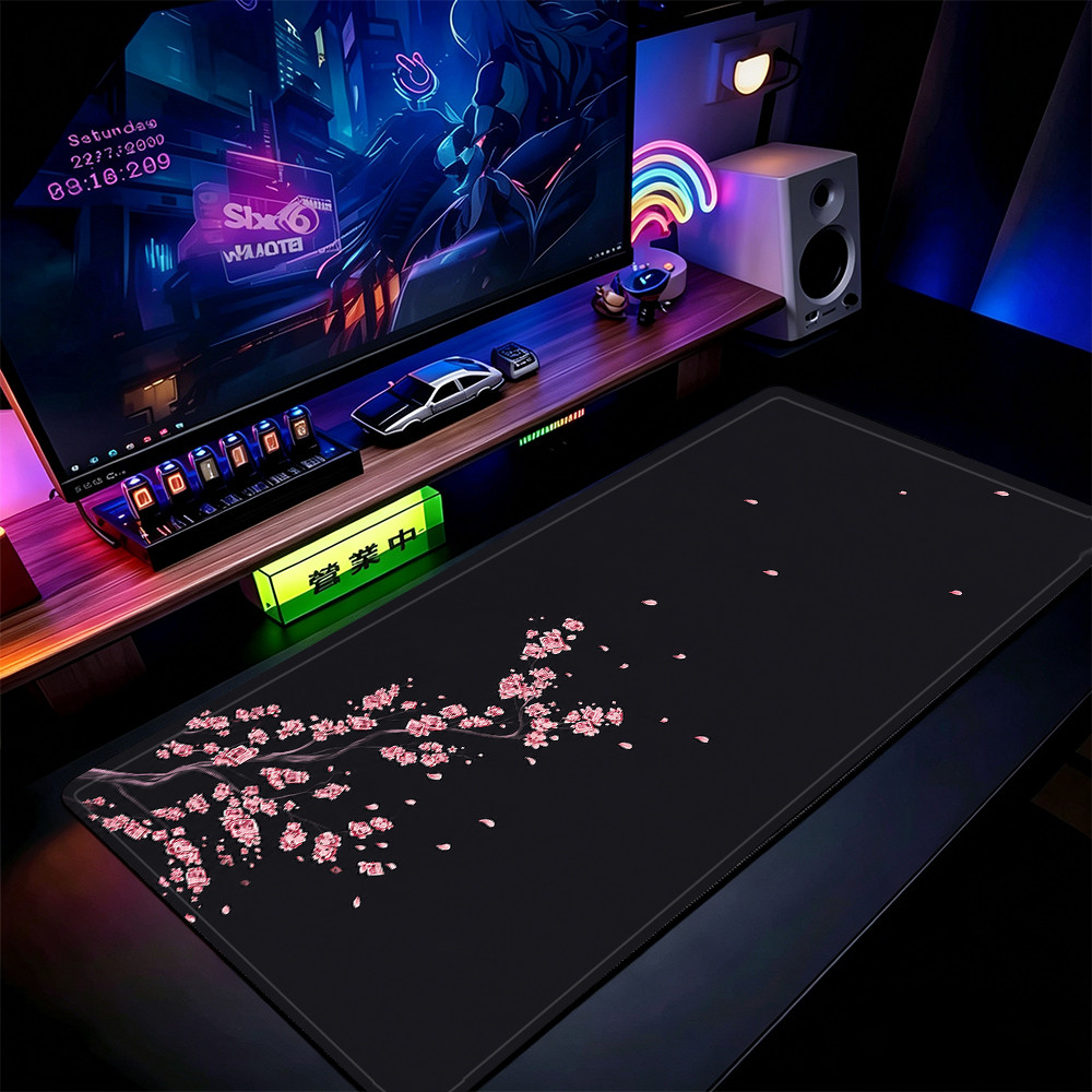 Mouse Pad Rosa Flor De Cerejeira 80x30cm Tapete De Mesa De Jogos Estendido Base Antiderrapante Bordas Costuradas