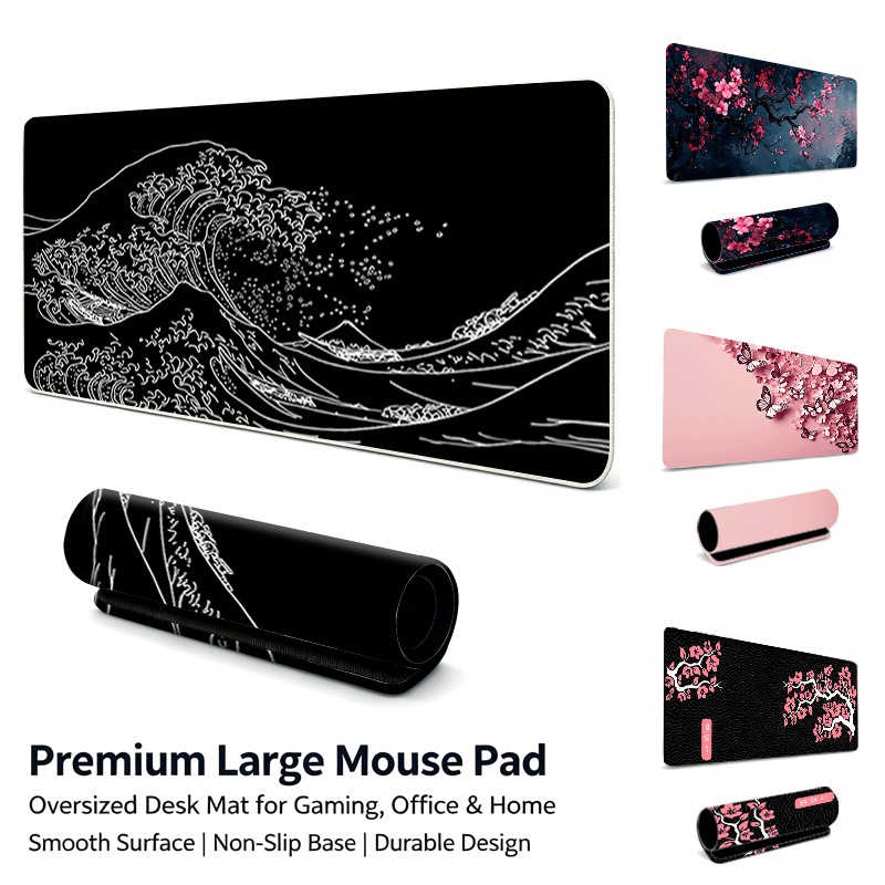 Base Preta Linha Branca Grande Onda Flor De Cerejeira Mouse Pad Para Jogos , Borda Costurada Antiderrapante Borracha Imp