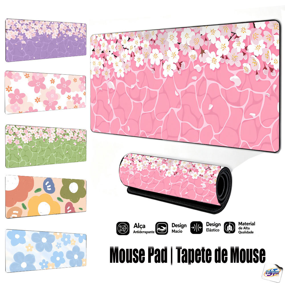 Mouse Pad Gamer Tapete de Mouse 80x30cm Flor de Cerejeira e Reflexo Antiderrapante Borda Costurada FPS Escritório