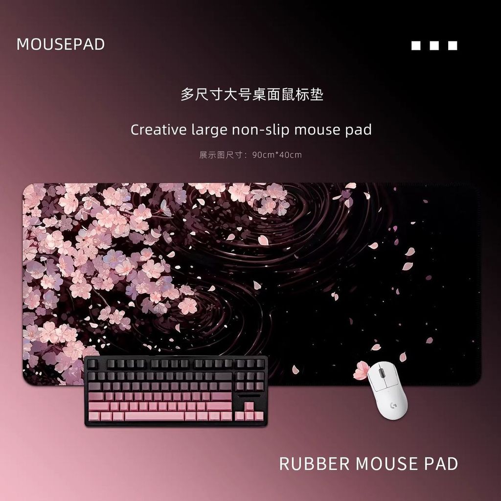 2026 Novo produto preto rosa flor de cerejeira mouse pad jogo de grandes dimensões dedicado antiderrapante simples compu