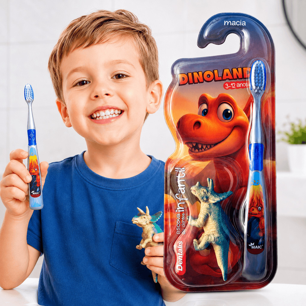 Escova de Dente Infantil Dinossauro Macia Cerdas Ultra Suaves | 3-12 Anos | Cabo Emborrachado Antiderrapante