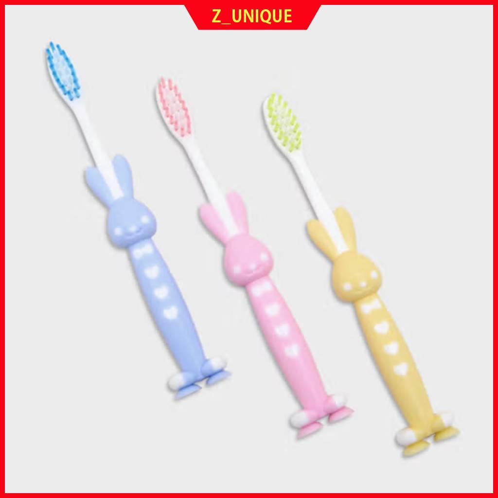 Conjunto De 3 Peças De Escova De Dentes Cute Bunny Kids – Cerdas Macias , Ventosa , Cabo Antiderrapante (Para Maiores De 6 Anos , Rosa/Azul/Amarelo)