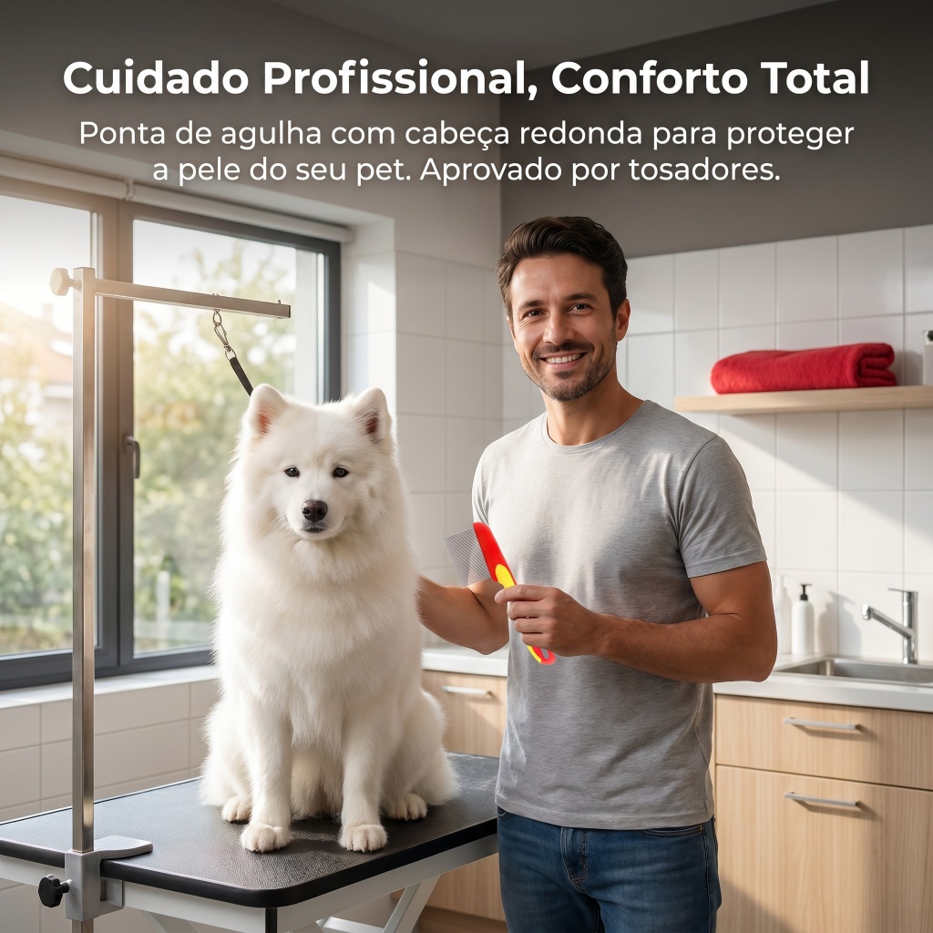 Pente Fino Anti-Pulgas para Cães e Gatos em Aço Inoxidável, Dentes com Pontas Redondas, Cabo Ergonômico Antiderrapante