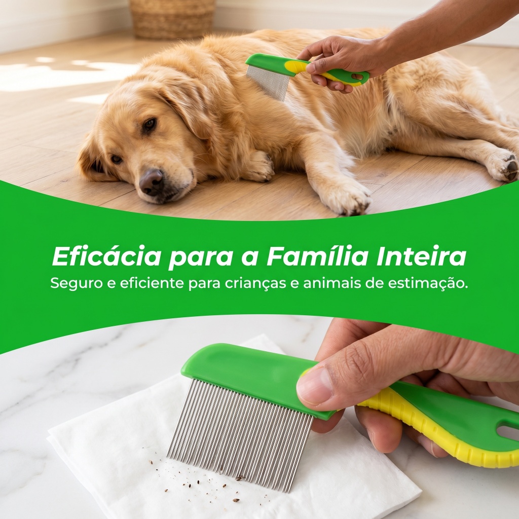 Pente Fino Anti-Pulgas para Cães e Gatos em Aço Inoxidável, Dentes com Pontas Redondas, Cabo Ergonômico Antiderrapante