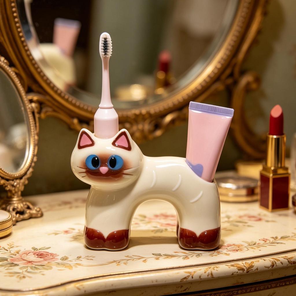 Suporte De Escova De Dentes Em Forma De Gato , Furo Duplo , Antiderrapante , Para Banheiro , Bancada , Pia , nuaeduybr