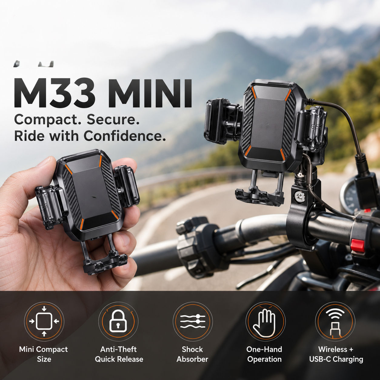 Suporte De Telefone Antirroubo Para Mini Motocicleta À Prova De Choque Com Carregador USB Guidão