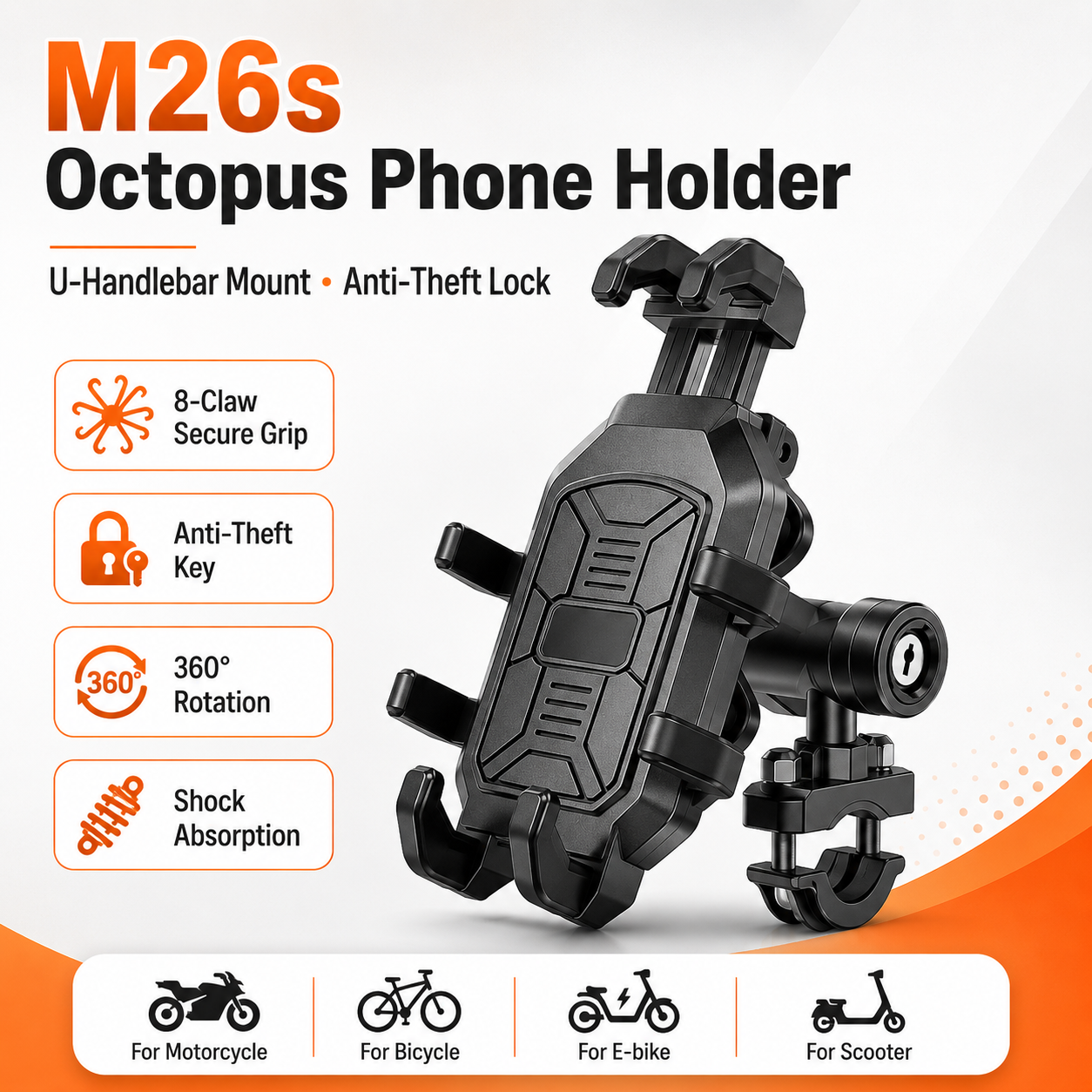 Suporte De Telefone Para Motocicleta Antirroubo Tipo U Braçadeira De Guiador Com Chave
