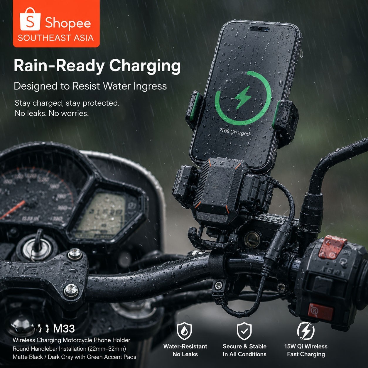 Carregador De Montagem De Telefone Para Motocicleta Suporte De Guiador Antirroubo À Prova De Choque Barras Redondas