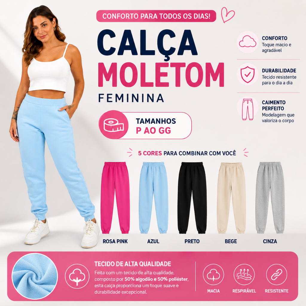 Calça de Moletom Grossa Sem Felpa Feminina Inverno Jogger c/ Bolsos Tecido Premium Conforto Térmico