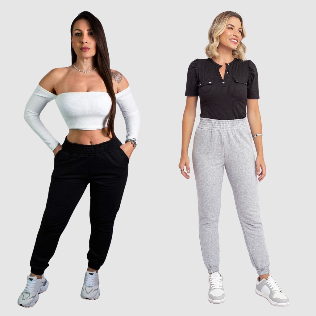 Kit 2 Calça Jogger Feminina Cintura Alta Moletom Flanelado Inverno Frio