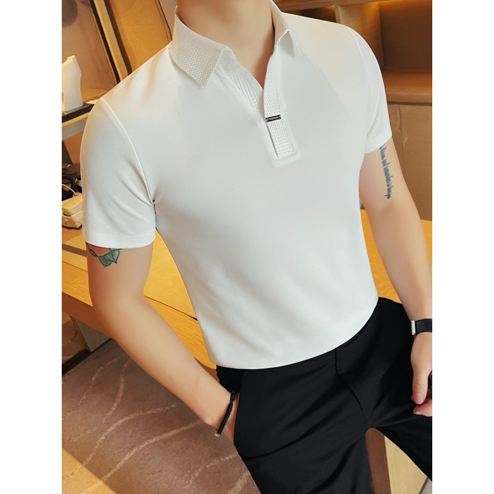 Camisa polo francesa com decote em v de manga curta masculina seda gelo sem costura lapela camiseta 2026 novo estilo ver