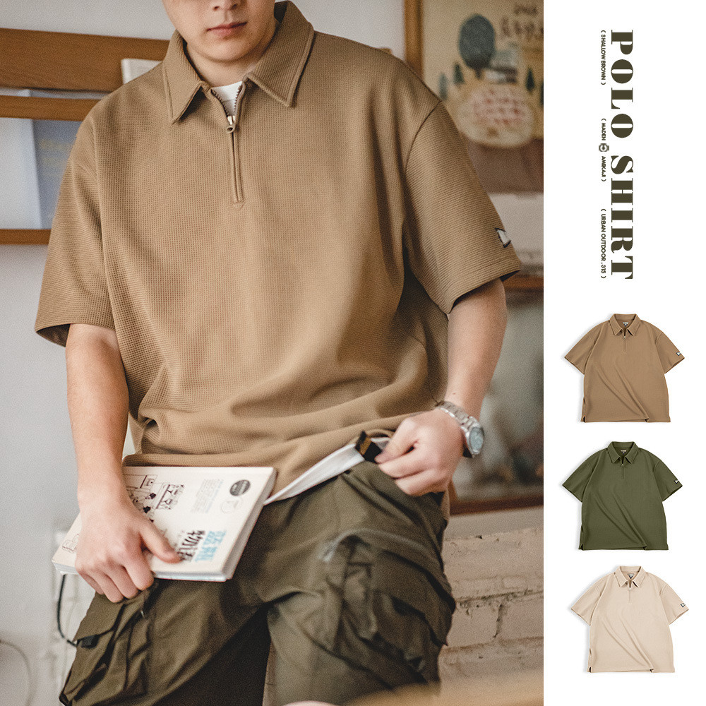 Moda ferramentas japonês Retro Waffle camisa polo manga curta meio zíper perfil lapela meia manga camiseta masculina ver