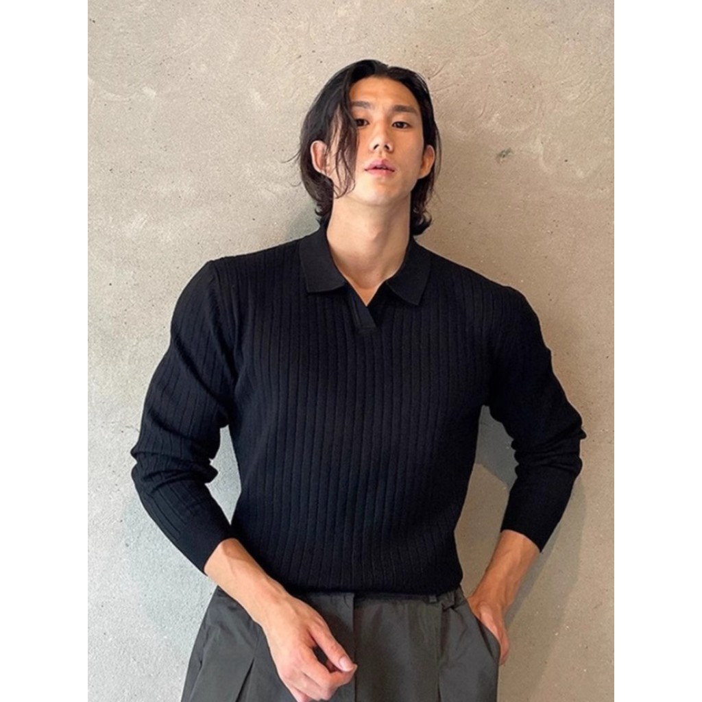 Primavera outono luz luxo lapela textura elástico Popular fino-ajuste masculino camisa POLO de malha com decote em V ver