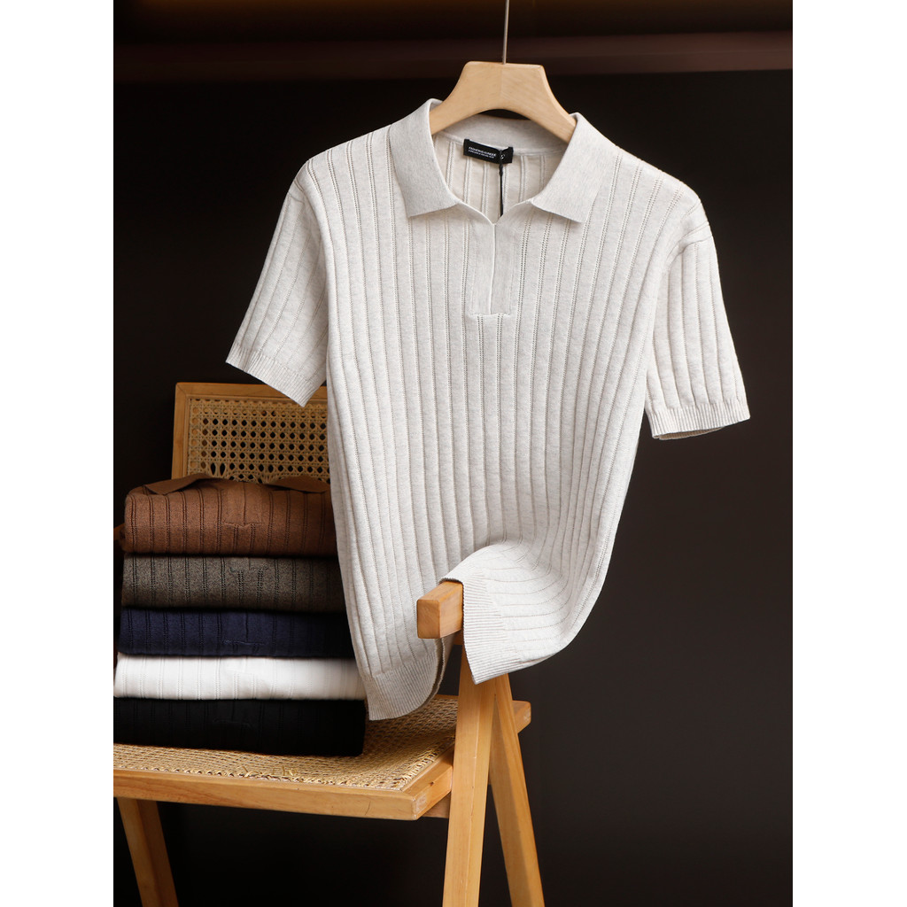 Luz de luxo estilo dinheiro antigo camisa POLO de malha de manga curta masculina verão confortável respirável lapela Ver