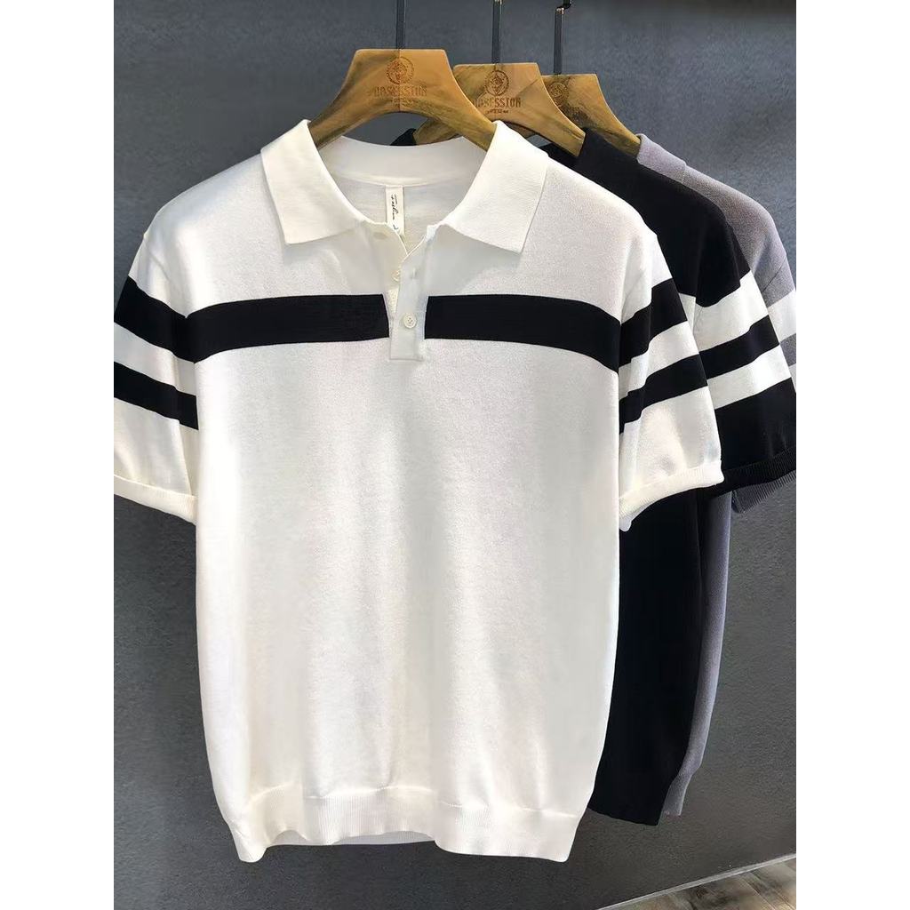 Luz de luxo cor-bloqueando listrado camisola de manga curta masculina versão coreana magro-ajuste lapela camisa POLO ver