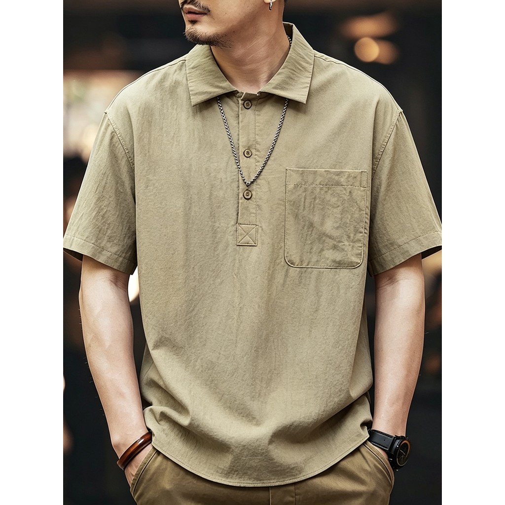 Estilo americano gelo seda legal de manga curta masculina Retro de secagem rápida lapela camisa Polo masculina solta ver