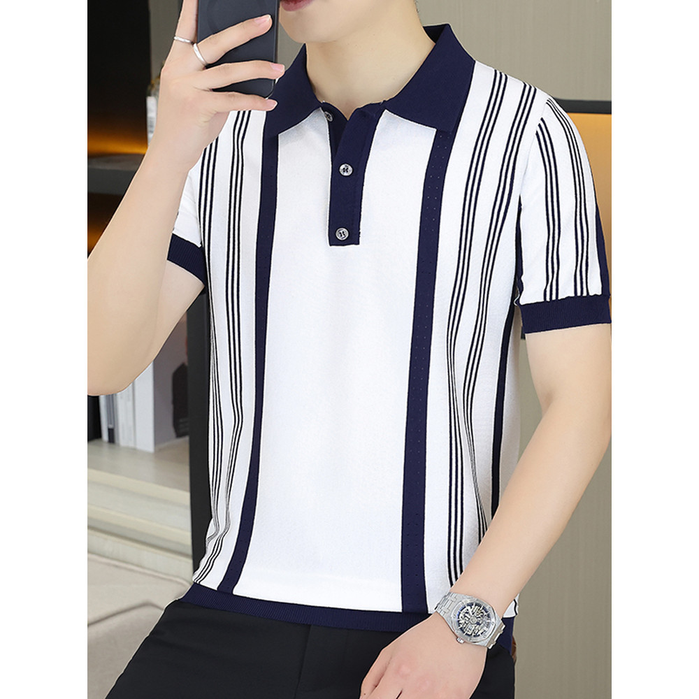 Luz estilo maduro listrado de malha de manga curta camiseta masculina seda gelo lapela fina meia manga camiseta 2026 ver