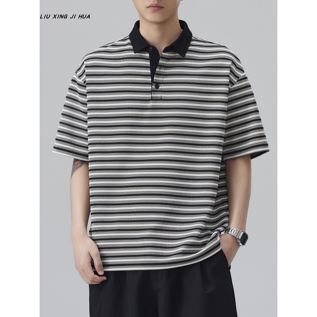 Americano Retro listrado camisa POLO de manga curta masculina lapela Street Wear All-Match camiseta 2026 novo estilo ver
