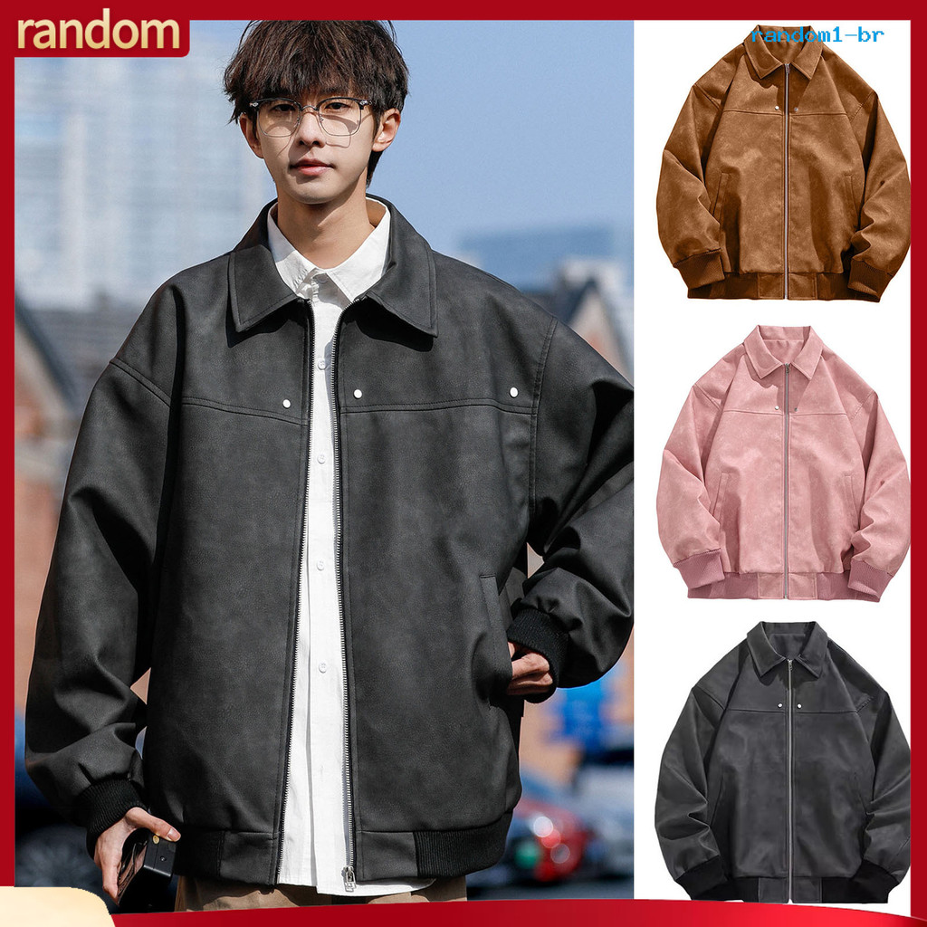 [RAN] Jaqueta Masculina Casaco Lapela Manga Comprida De Cor Sólida Com Bolsos Ajuste Solto Fechamento Zíper Completo Ver