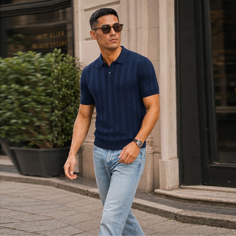 Camisas Polo De Malha De Cabo Vertical Masculino Fino Ajuste Lapela Manga Curta Camisetas Negócios Casual Respirável Ver
