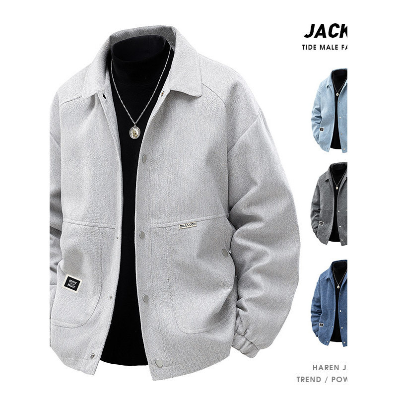 2026 novo estilo mais gordura ferramentas estilo lapela jaqueta masculina primavera outono solto Multi-bolso jaqueta ver